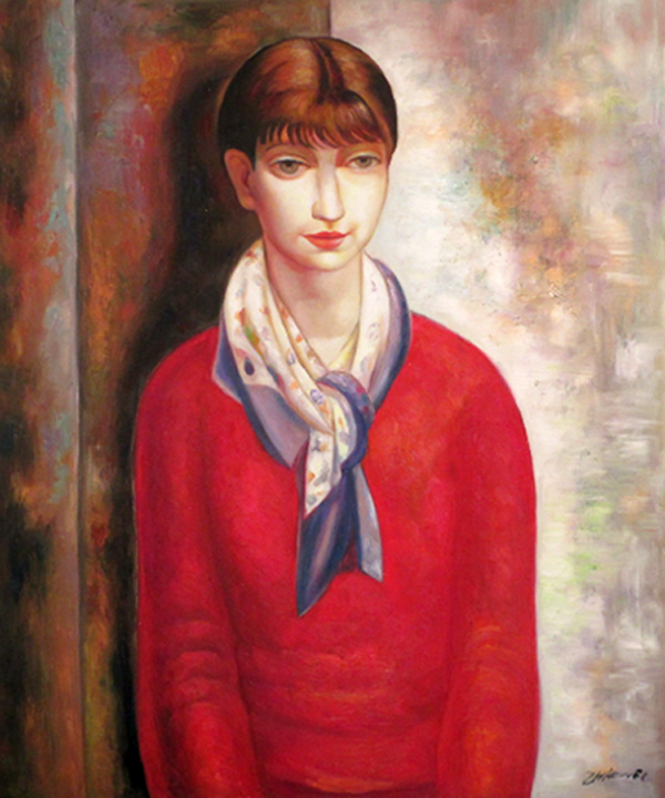 A Girl in Red Wearing a Scarf by Zhou Wei