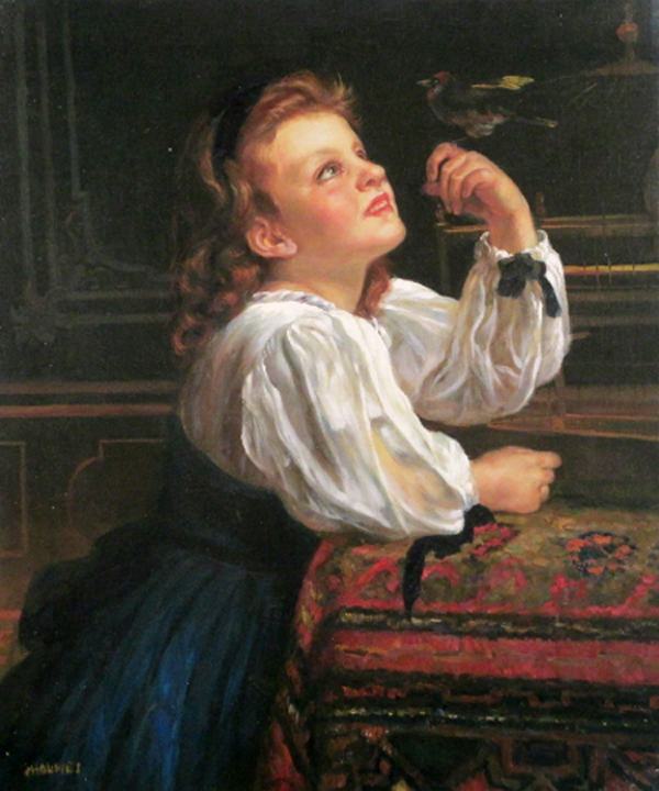A girl looking at a bird, after Renoir