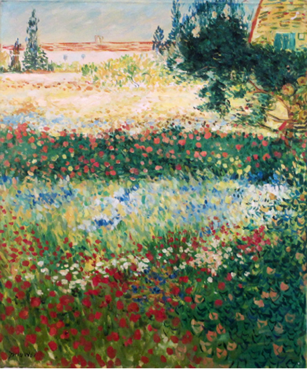 Landscape, studying pointillism,    by  Zhouwei 