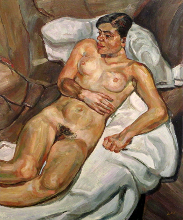 Nude lying on bed,studying Freud,  by  Zhouwei 