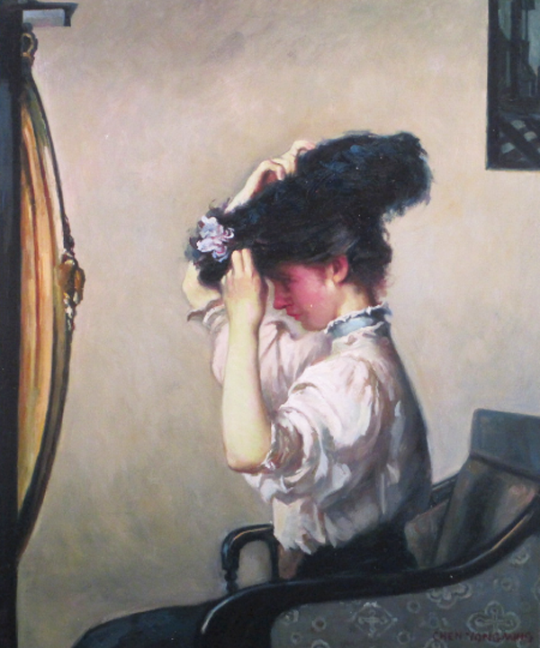 A young lady arranging her hair, by Chen Y.M.