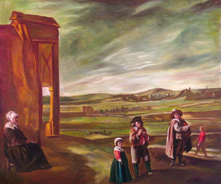 Studying an old painting, by JW