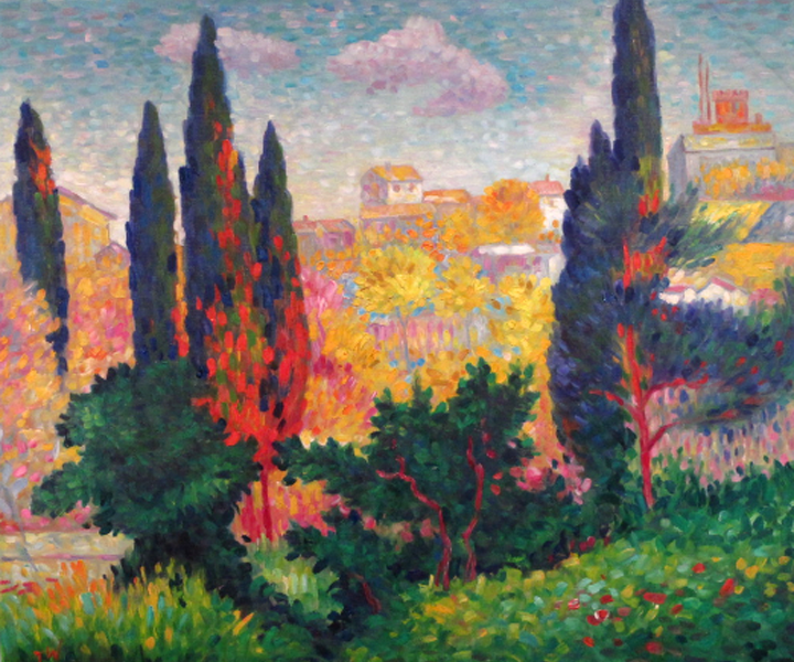 Landscape,studying an old painting, by JW