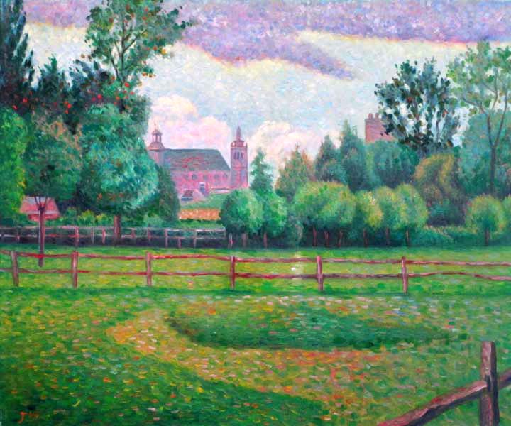 Landscape,studying an old painting, by JW