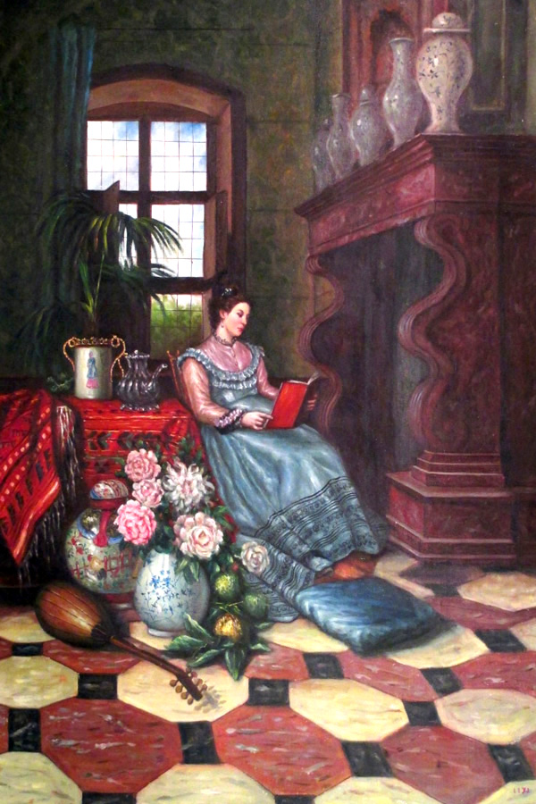 Lady in reading, studying old painting, by Liyi