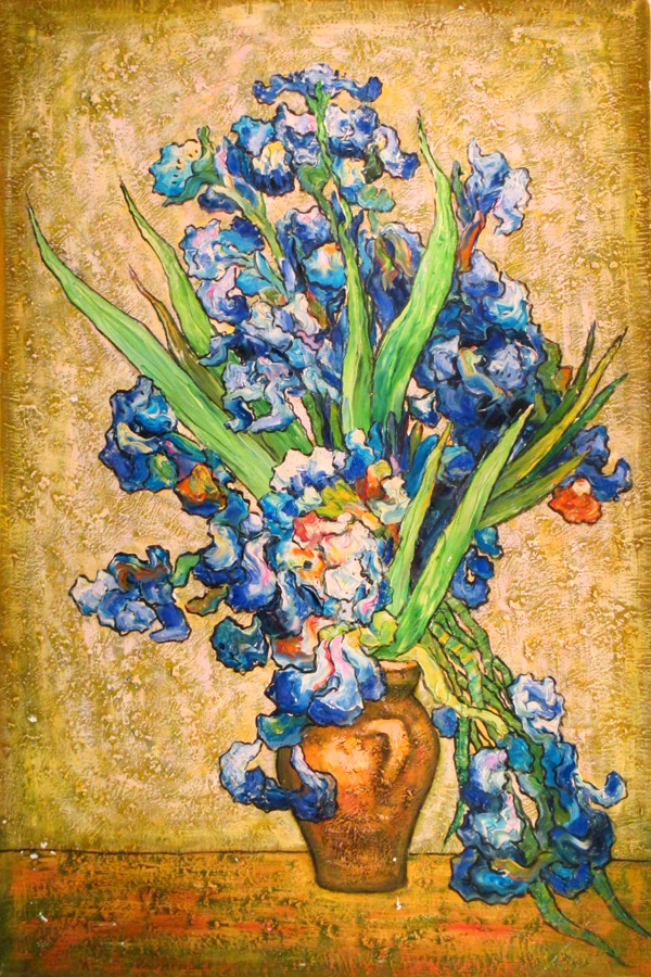 Vase With Violet Irises Against A Yellow 1890