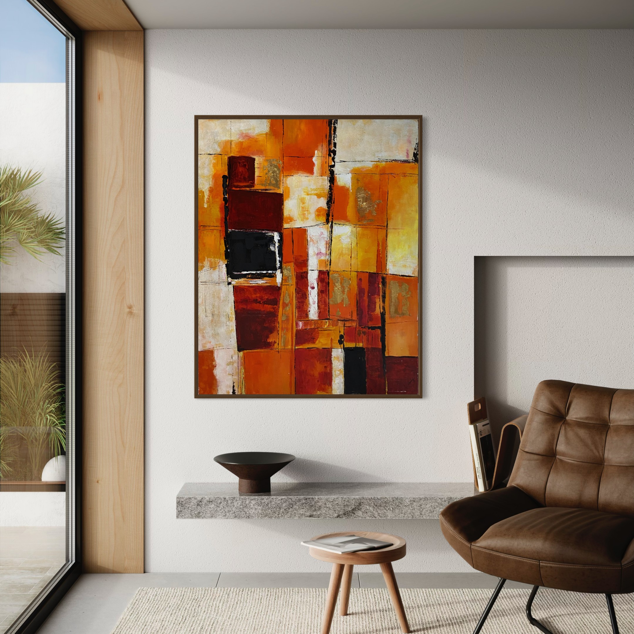 Large Orange Abstract Expressionism Painting with Gold Leaf