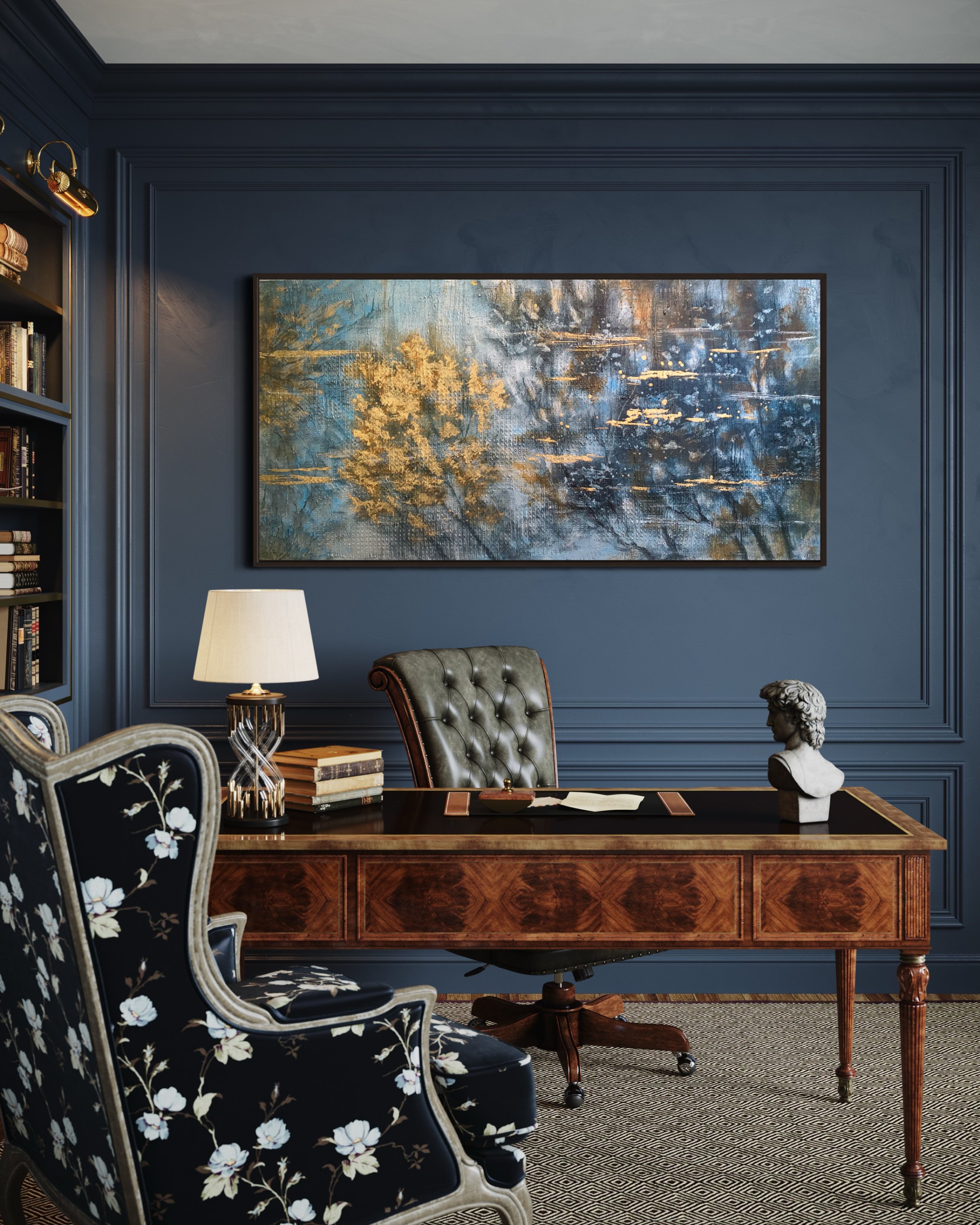 Gold Leaf Abstract Painting: Blue Winter Scenery