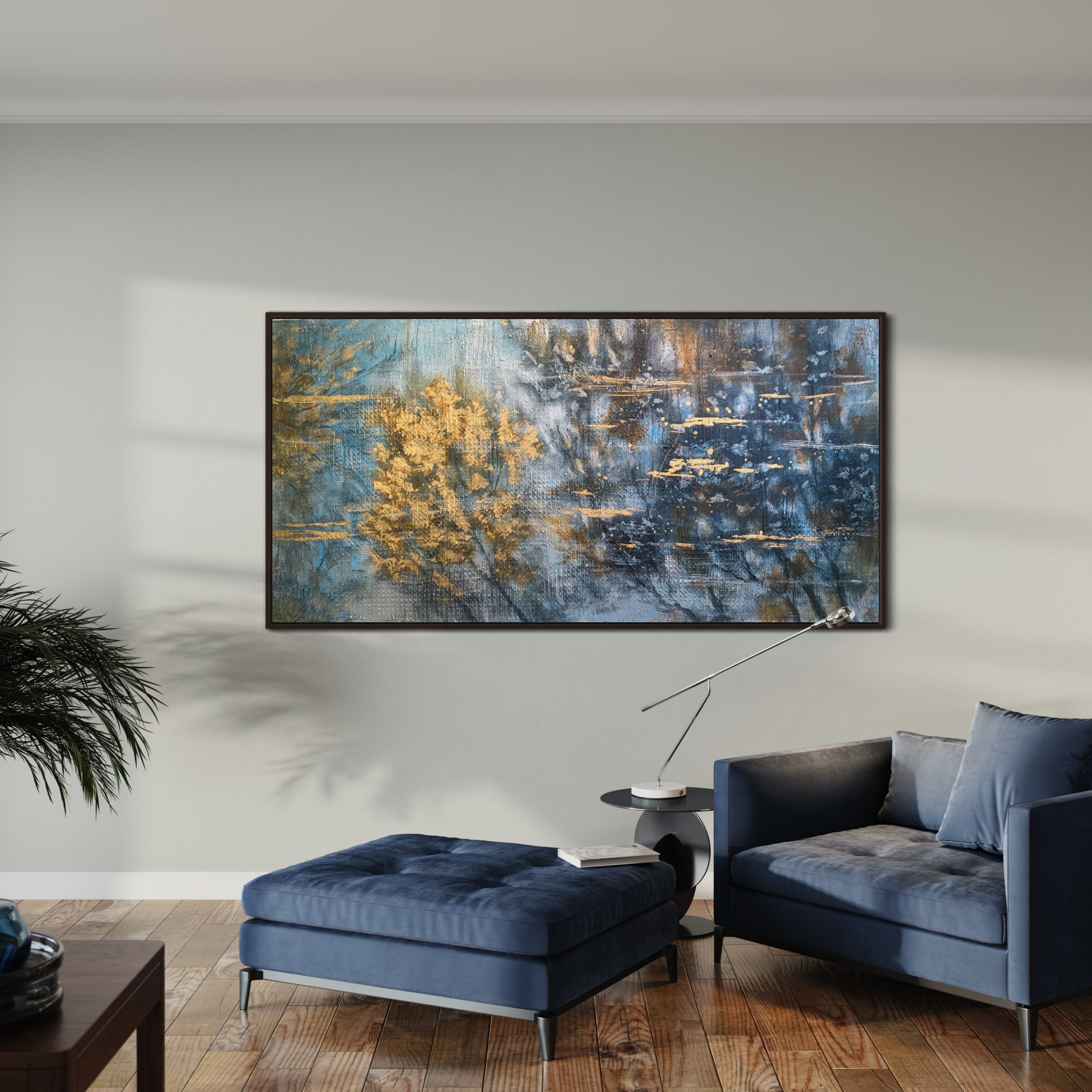 Gold Leaf Abstract Painting: Blue Winter Scenery