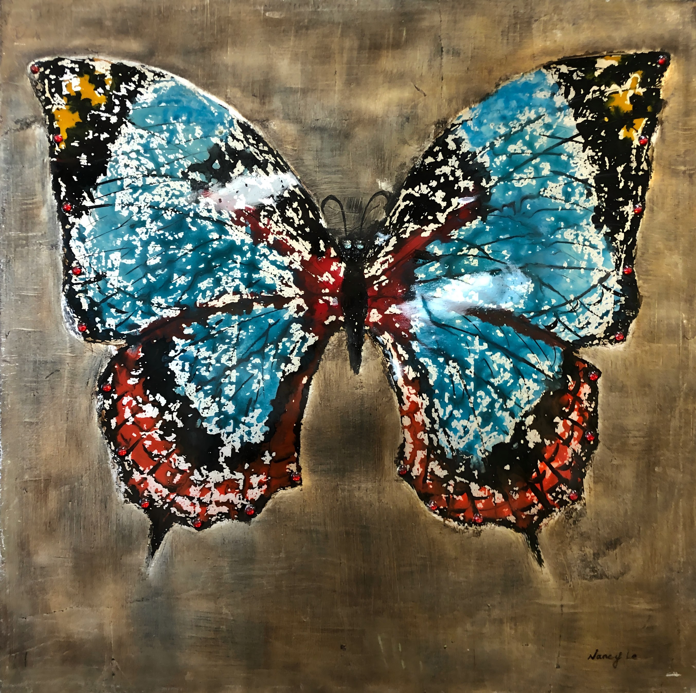 Exotic Butterfly Painting: Vibrant Colors Acrylic on Bronze Canvas