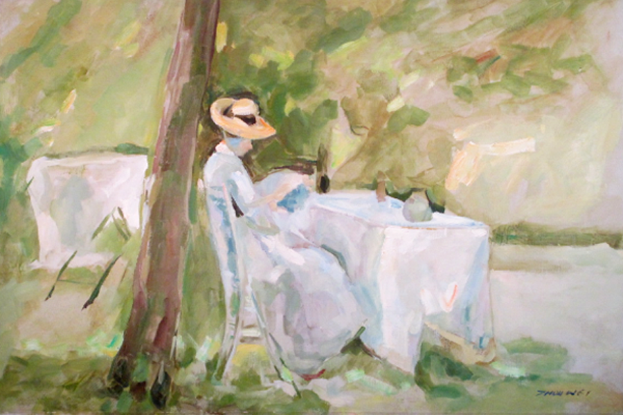 Lady in white dress,studying Sargent