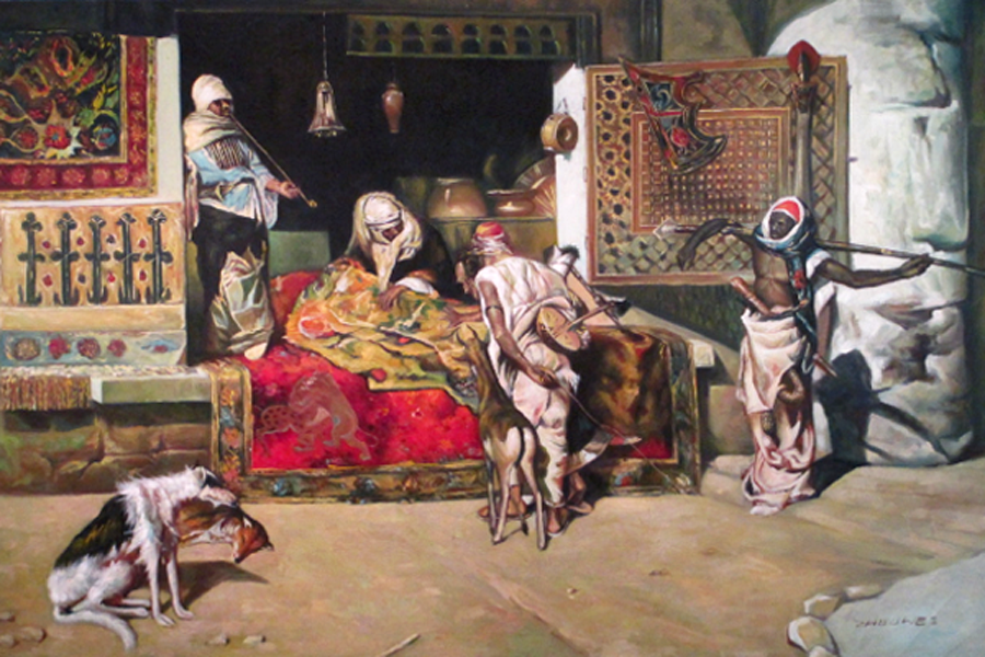 Hunter,musician and rug merchants,studying and old painting,   by  Zhouwei 