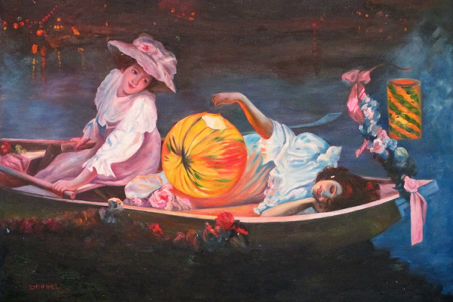 Lantern,girls, and boat