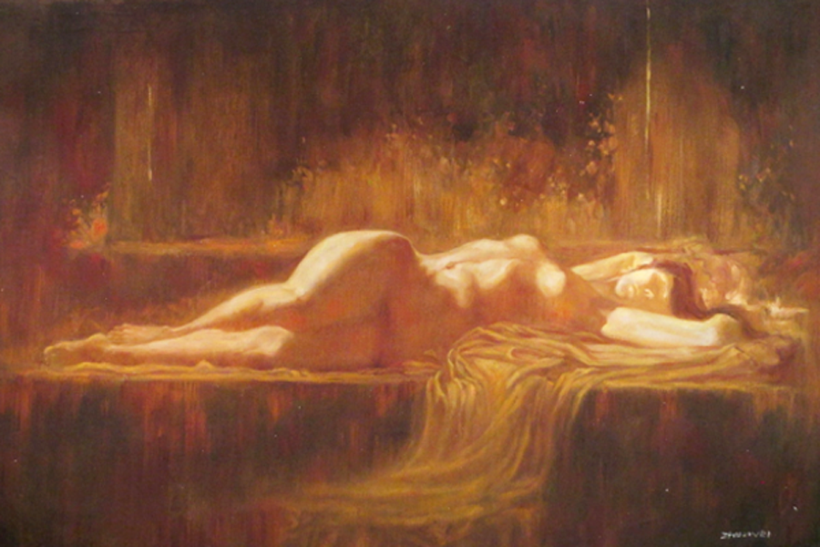 A nude lady lying on bed ,   by  Zhouwei 