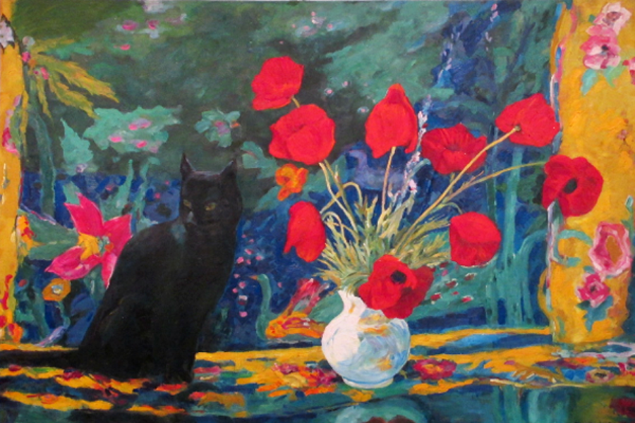 Black cat and red flowers,   by  Zhouwei 