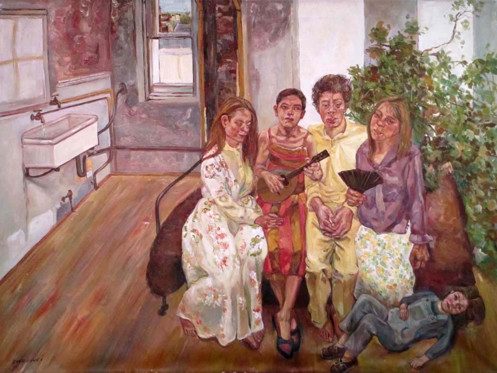 Family, studying old painting,     by  Zhouwei 