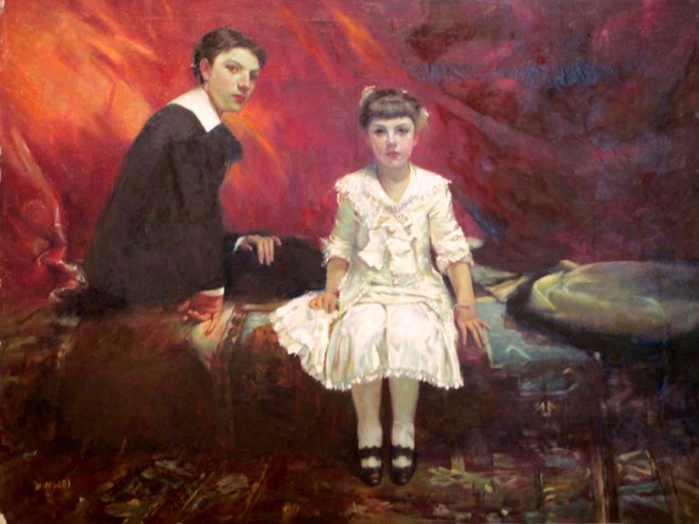 Mother and child , studying old painting,     by  Zhouwei 