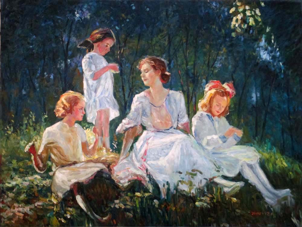 Mother and children, studying old painting,     by  Zhouwei 