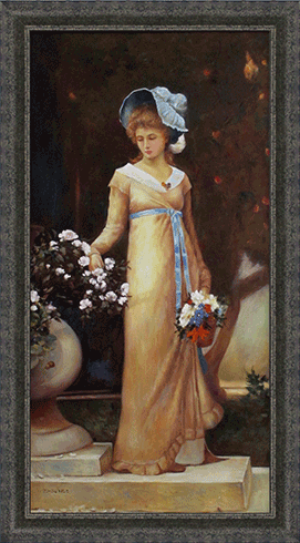The girl is looking at flowers 